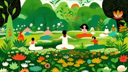 An illustration by Miyazaki and Rothko of of individuals practicing yoga surrounded by blooming flowers and lush vegetation.