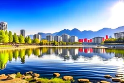 Sunny day, distant modern city, lake, lake reflections, people, mountains