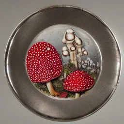 Patchwork, large Amanita muscaria mushrooms in a silver plate