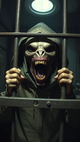 Bosch painting style nightmares, an alien creature with hood screaming and locked in behind bars , in dark prison environment with dim lights like 1800 prisons .
