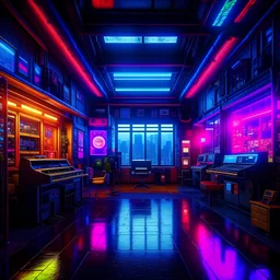 an empty tokyo music studio in the heart of a neon-lit, metropolis for robots, filled with diverse futuristic technology. The scene is a blend of gritty realism and vivid imagination, with towering holographic and a cacophony of sights and sounds. 32K UHD, dynamic colors, and intricate details create an immersive and engaging image.