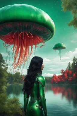 Photorealistic Photo Of A long black-haired woman in a green robot suit, Looking Out Over A Lake With jellyfish with red Tentacles, Tall Narrow Cloud Trees In The distance with an alien sky