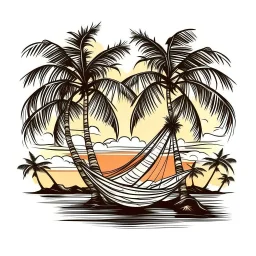 A palm tree and hammock, tropical, tranquil, sunset lighting, T-shirt design graphic, vector, contour, white background