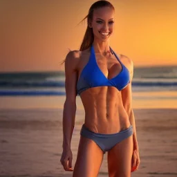 Skinny fitness model with toned abs standing and smiling in bikini at sunset, perfect face, looks like mix of Alina Angelina and Angelina Jolie, big tits