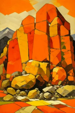 An orange rocky mountain painted by Piet Mondrian