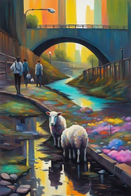 painting of a cyberpunk colourful natural walkway rubbish on the street in the city with pollution and a small bridge by a creek with electric sheep and androids by monet