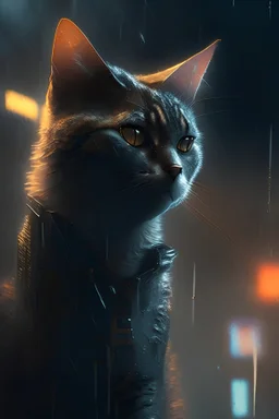 Create the image of a cat, using the Blade Runner movie atmosphere.