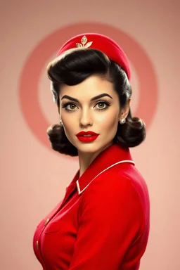 1950s pin up style portrait of a stunning beautiful brunette stewardess in red uniform with pixie cut and very big red lips looking a bit like Elodie Cherie