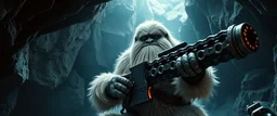 movie poster, portrait interview cowboy Abominable Yeti in space ship in cave holding huge mounted chain gun