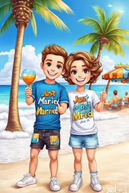 close up a cute chibi young couple in compatible, identical t-shirts that read text:"Just Married!" in colorful letters. funny couple taking a selfie on a beautiful beach, blue sky, white sand, in the distance a Mediterranean bar , next to a palm tree, happy day, detailed, high quality, hyperrealistic, masterpiece intricate details, HDR, beautifully shot, sharp focus, 64 megapixels, perfect composition