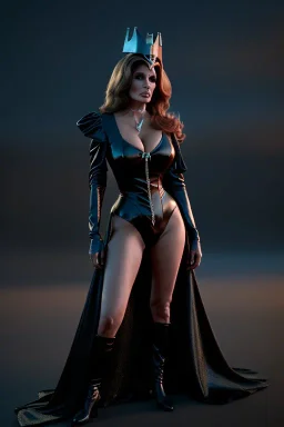 Raquel Welch as evil queen in black leather gown, angry, busty, curvey, cleavage, unreal 5, octane render, cinema4d, dynamic lighting, dramatic lighting, 4k, redshift render, highly detailed, hyper realistic