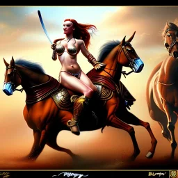 Epic full body portrait of busty atletic young beautiful Red Sonja riding a horse Boris Vallejo styles