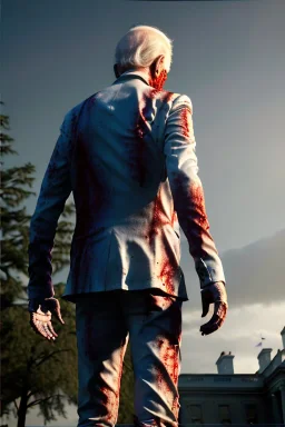 Ultra realistic image, joe biden zombie, zombie performance, suit, skull, blood, torn arm, night, walking twisted, waist up view, thriller style, dark ambient, highly detailed, White House background, concept art, unreal engine 5, god rays, ray tracing, RTX, focal lighting, ultra detail, volumetric lighting, 3d, finely drawn, high definition, high resolution.