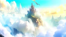 Fantasy digital illustration: a strange land above the clouds, that looks like a dream, with a magnificent, beautiful castle!