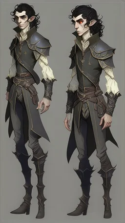 turnaround character of a man elf, he has curly, black hair and sharp cheekbones. His eyes are black. pale skin. He wears fantasy medieval clothes. full body with boots