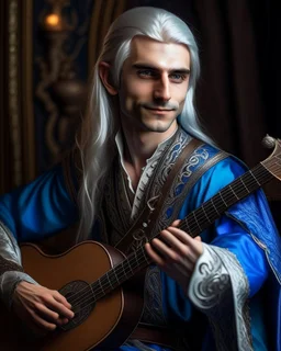 Ethereal male elf bard with flowing silver hair and bright blue eyes. Elegant clothing in rich fabrics. Holding ornate lute. Charismatic smile, otherworldly grace. Delicate pointed ears. Medieval fantasy style, enchanting atmosphere.