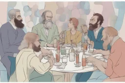 whimsical colorful cartoon ink and tint, 4 people sitting conversating at table, semi overhead view, relaxed, social, various drinks, glasses, bottles on table, 2 men with black beards, 1 woman with red hair in elegant dress, another man with blue hair listening. The background features abstract shapes and muted pastel colors, whimsical vibe, neanderthal influence