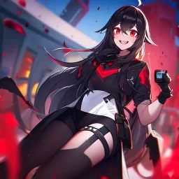 Clear focus,High resolution,High quality, Smiling,Wearing a Fortnite Inspired Outfit,Wearing black long socks, Black Long hair with a ahoge, Red eyes, Wearing black gloves, Bloody mess, Small pupils, Under camera veiw, Blurry City in the background