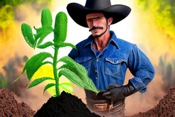 cowboy holding a plant growing in biochar. Biochar background