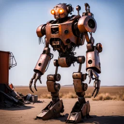 trash mech suit, human-sized, made of scrap metal, small, cockpit, light rust, round, glowing eyes