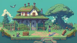 A studio ghibli kinda big house with garden, fence, water well, snake, girl wearing uniform, bear, landscape, pixel art