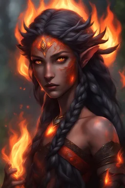 Fire Eladrin druid female. Hair is long and bright black part glows. Part of hair is braided and fire comes out from it. Big bright red eyes. Is generating fire with her hands and fire are coming our off them . Skin color is dark. Has a huge scar on face.