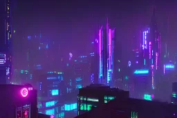 Cyberpunk city at night, rainy, neon lights, view from the high building