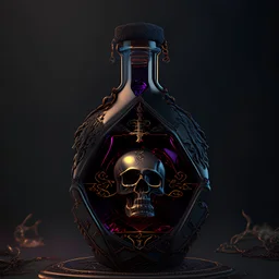 a single death potion bottle, half content inside, skull, death and dark liquid inside, intricated detailed, cross logo in the glass, 3d vray render, dark, celestial, magical, scary background, detailed, centered, photorealistic, cinematic lightning, artstation, 4k, luxury, product view, ultra quality, exquisite hyper details, fashion, rendering by unreal engine, octane render, HDRI, intense, dramatic, professional, IMAX, high contrast, flawless detail, award-winning, expertly crafted