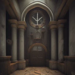 on old church inside, scary, steam punk, realistic, made in octane, cinematic, ultra-realistic, extremely detailed octane rendering, 8K, VRAY Super Real ar 2:3, dof photorealistic futuristic 50mm lens hard lighting dark gray tintype photograph, realistic lighting, sepia color