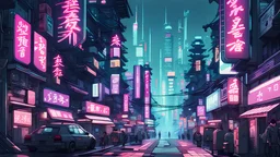 generate me a 2d picture of cyberpunk like futuristic city of japan on the street and make it retro