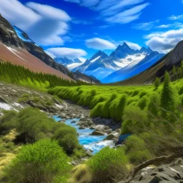 Los Glaciares National Park, Patagonia, Argentina, peaks with snow, river in th deeb canyon detailed trees with detailed branches an leaves and stones with moos in the foreground, phototralistic, summer, multicolors, blue sky with fluffy clouds, side view, from the top of a peak