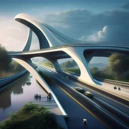 Puente para personas atraviesa una autopista de lado a lado, por debajo pasan autos, estilo Zaha Hadid