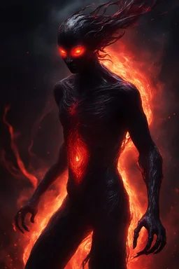 A dark, shadowy humanoid figure with glowing fiery red eyes, its body radiating molten energy and covered in sleek, glossy, liquid-like textures with burning red highlights. The figure is surrounded by chaotic streams of fiery red and black embers, as shadowy tendrils or flame-like extensions spread outward in dynamic motion. The background is a swirling storm of darkness and fire, filled with glowing particles and intense bursts of light, creating a high-contrast, dramatic atmosphere. The light