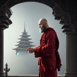 Portrait of a monk, fog, distant Asian temple, profile, grim, dark, Frank Frazetta, Greg Rutkowski, hyperdetailed, trending on Artstation, Splash screen art, dynamic lighting, intricately detailed, a masterpiece, 8k resolution, high contrast, bearded, red robe, detailed face, dramatic, hdr, photorealistic,