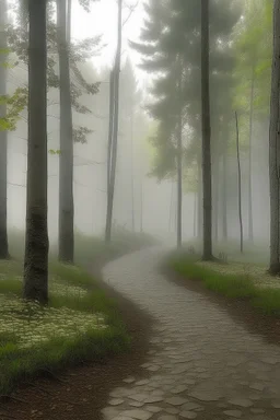 soft fog, with light breaking through, tall white birch trees, and a stone path leading to pavilion