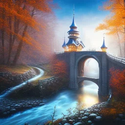 close up on white horse on the bridge, spray painted fantasy art, book cover ,the stairs of a bridge or dam in magical forest,autumn icy water