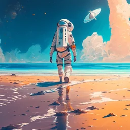 An astronaut walking on the beach of a beautiful sea, digital art, anime style, 4k, full details, high resolution