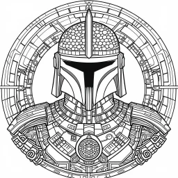 line work, coloring book, boba fett, mandala, black and white, thick lines, vector file