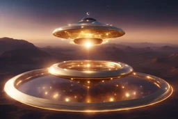 golden flying saucer traveling in the galaxy, transparent, crystal with lights, starry sky, beautiful extraterrestrial being in levitation, finely tuned detail, ultra high definition, 8 k, unreal engine 5, ultra sharp focus