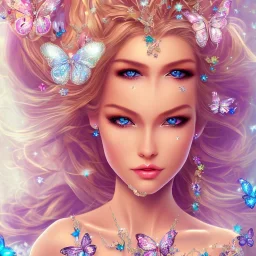 Lying down beautiful face princess blond fairy smiling with sparkle jewel bikini and butterflies in hair magic