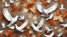 Hyper Realistic Dry Autumn Leaves blowing & white pigeons flying on a vintage rustic background