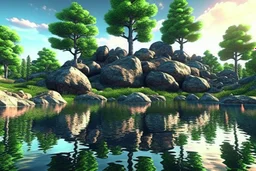 Trees, rocks, epic, sci-fi, Lake, lake reflections