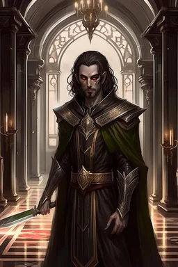 full length, mantle, background dark hall with columns, black cloth, spear in left hand, dark green eyes, the character is not too close to the camera