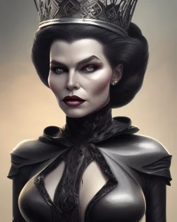 old evil queen in black leather gown, femme fatale, volouptous, busty, cleavage, angry, emperious, 8k resolution concept art portrait by Greg Rutkowski,