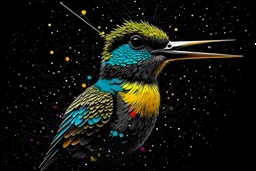 ((a hummingbird)), hyperdetailed eyes, tee-shirt design, line art, black background, ultra detailed artistic, detailed gorgeous face, natural skin, water splash, colour splash art, fire and ice, splatter, black ink, liquid melting, dreamy, glowing, glamour, glimmer, shadows, oil on canvas, brush strokes, smooth, ultra high definition, 8k, unreal engine 5, ultra sharp focus, intricate artwork masterpiece, ominous, golden ratio, highly detailed, vibrant, production cinematic character render, ultr