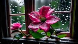 pink flower with water drops in front of window