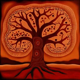 Aboriginal art of Boab Tree in the Australian outback, earthy colours of dark reds and browns , Aboriginal patterns and dots and symbols