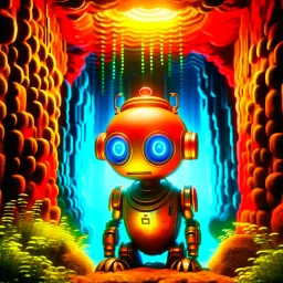 portrait of incomprehensible cute chat robot in the style of lowcraft , in front of teleporter portal to the sea in an underground grove, in the style of dali, 8k, down-light, soft light, depth of field, photo realism, trending on art station, high detail