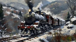 Create an impressionist oil painting of a Lehigh Valley locomotive train traveling through a mountain pass in the Rocky Mountains during winter, with snow gently falling. Capture the robust presence of the locomotive, its distinct design and vibrant colors rendered with delicate, light-infused brushstrokes characteristic of the impressionist style. The train should be seen winding its way through the snowy, rugged landscape, its steam blending with the falling snowflakes to create a dreamy, atmo