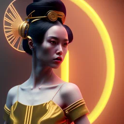 Woman, black hair, white skin, geisha, velvet dress, gold pattern, cyberpunk, neon, highly detailed, art stations, concept art, smooth, unreal engine 5, god rays, ray tracing, RTX, lumen lighting, ultra detail, volumetric lighting, 3d, finely drawn, high definition, high resolution, gradient background